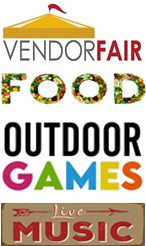 Vendor Fair, FOOD, Outdoor Games and Live Music logos/signs